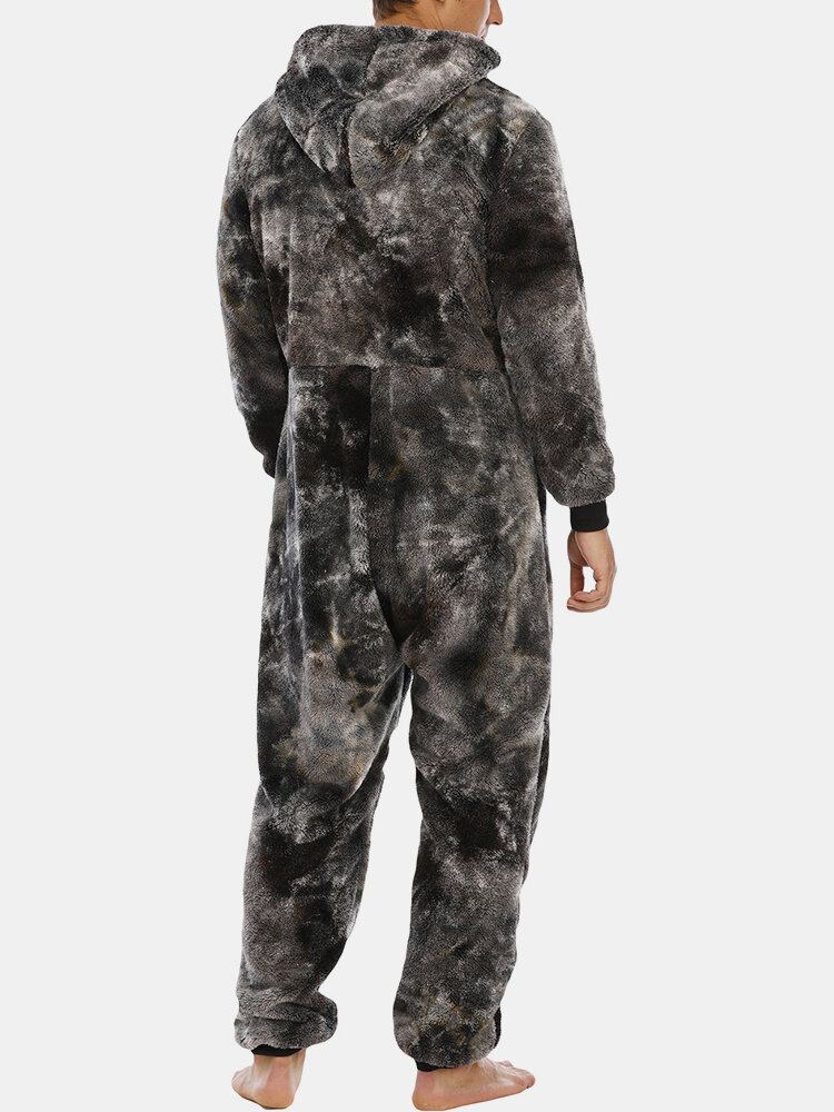 Heren Tie Dye Warm Fleece Pluche Jumpsuit Met Capuchon Een Stuk Thuis Nachtkleding