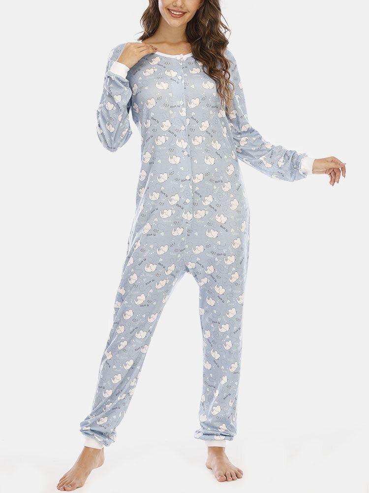 Plus Size Vrouwen Leuke Cartoon Olifant Print Lange Mouwen Broek Rompertjes Thuis Casual Nachtkleding