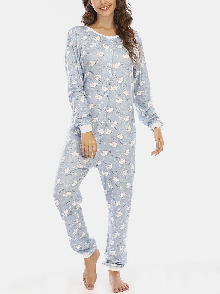 Plus Size Vrouwen Leuke Cartoon Olifant Print Lange Mouwen Broek Rompertjes Thuis Casual Nachtkleding