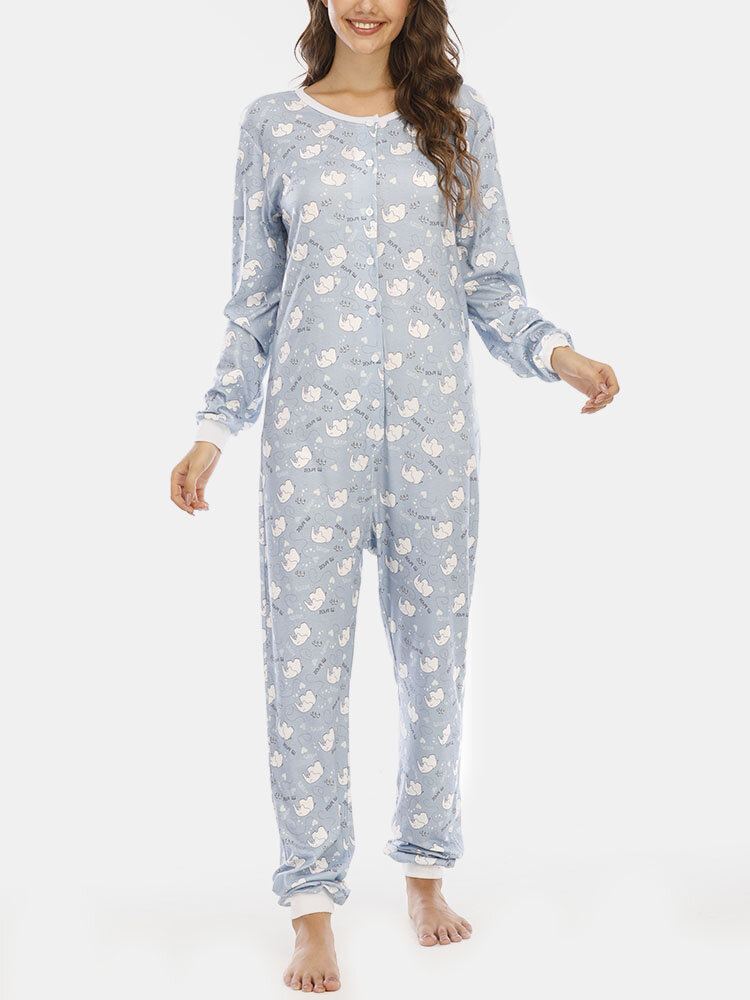 Plus Size Vrouwen Leuke Cartoon Olifant Print Lange Mouwen Broek Rompertjes Thuis Casual Nachtkleding
