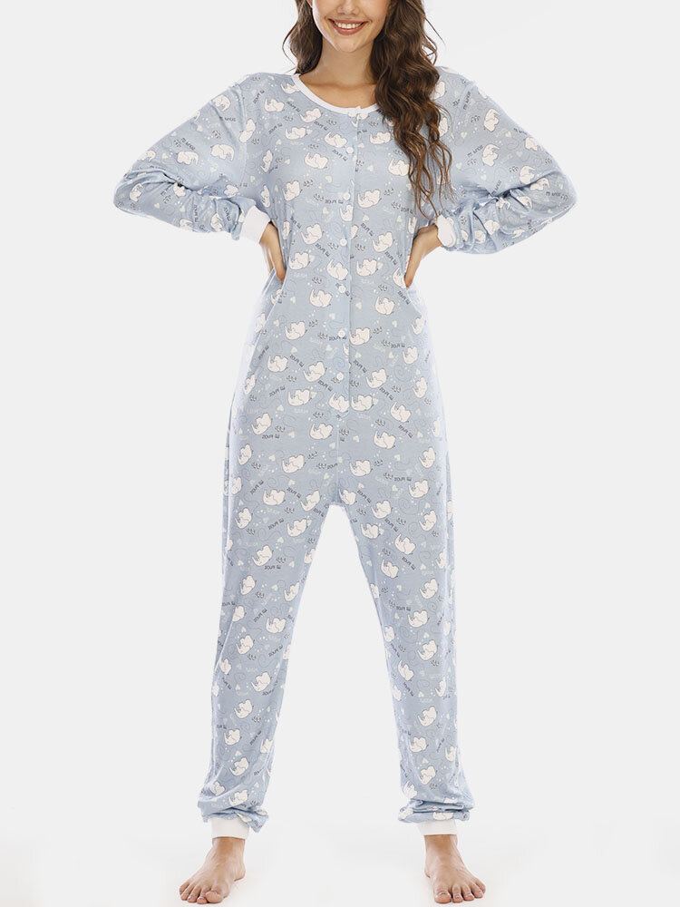 Plus Size Vrouwen Leuke Cartoon Olifant Print Lange Mouwen Broek Rompertjes Thuis Casual Nachtkleding