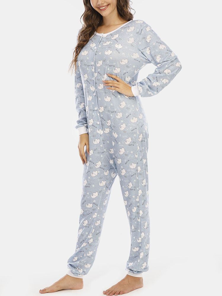 Plus Size Vrouwen Leuke Cartoon Olifant Print Lange Mouwen Broek Rompertjes Thuis Casual Nachtkleding