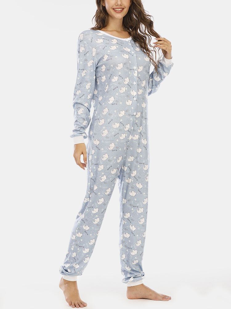 Plus Size Vrouwen Leuke Cartoon Olifant Print Lange Mouwen Broek Rompertjes Thuis Casual Nachtkleding