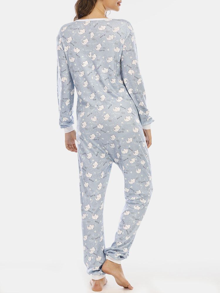Plus Size Vrouwen Leuke Cartoon Olifant Print Lange Mouwen Broek Rompertjes Thuis Casual Nachtkleding