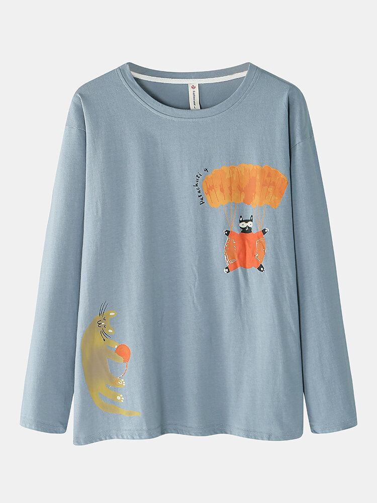Vrouwen Grappige Cartoon Kat Print Ronde Hals Trui Elastische Taille Thuis Katoenen Pyjama Set