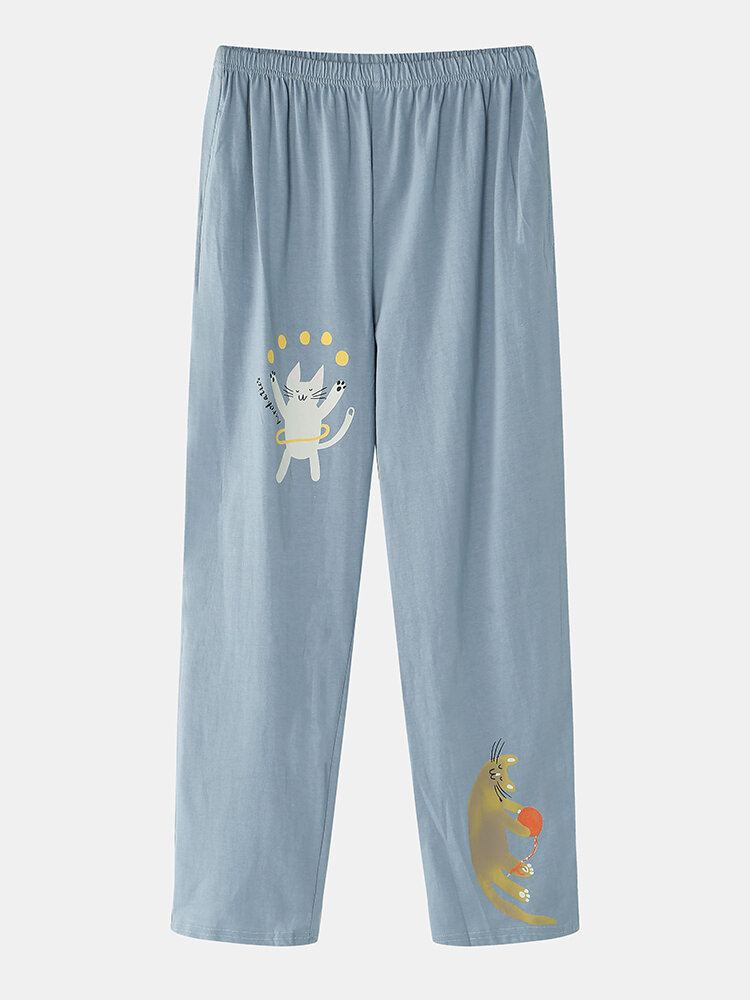 Vrouwen Grappige Cartoon Kat Print Ronde Hals Trui Elastische Taille Thuis Katoenen Pyjama Set