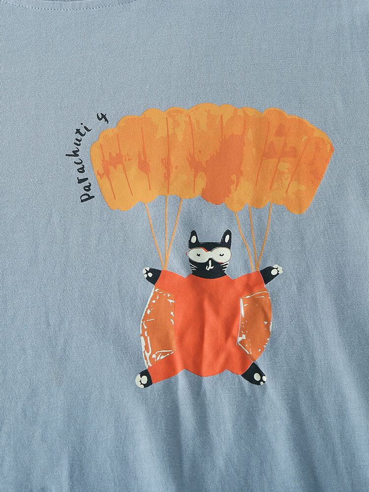 Vrouwen Grappige Cartoon Kat Print Ronde Hals Trui Elastische Taille Thuis Katoenen Pyjama Set