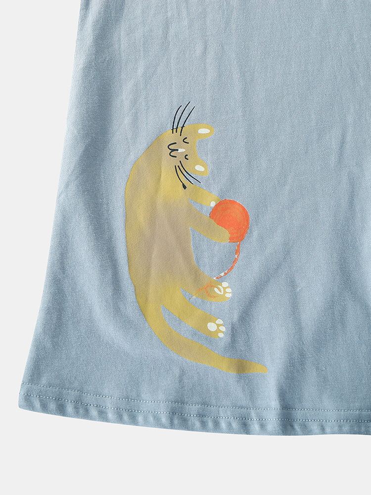 Vrouwen Grappige Cartoon Kat Print Ronde Hals Trui Elastische Taille Thuis Katoenen Pyjama Set