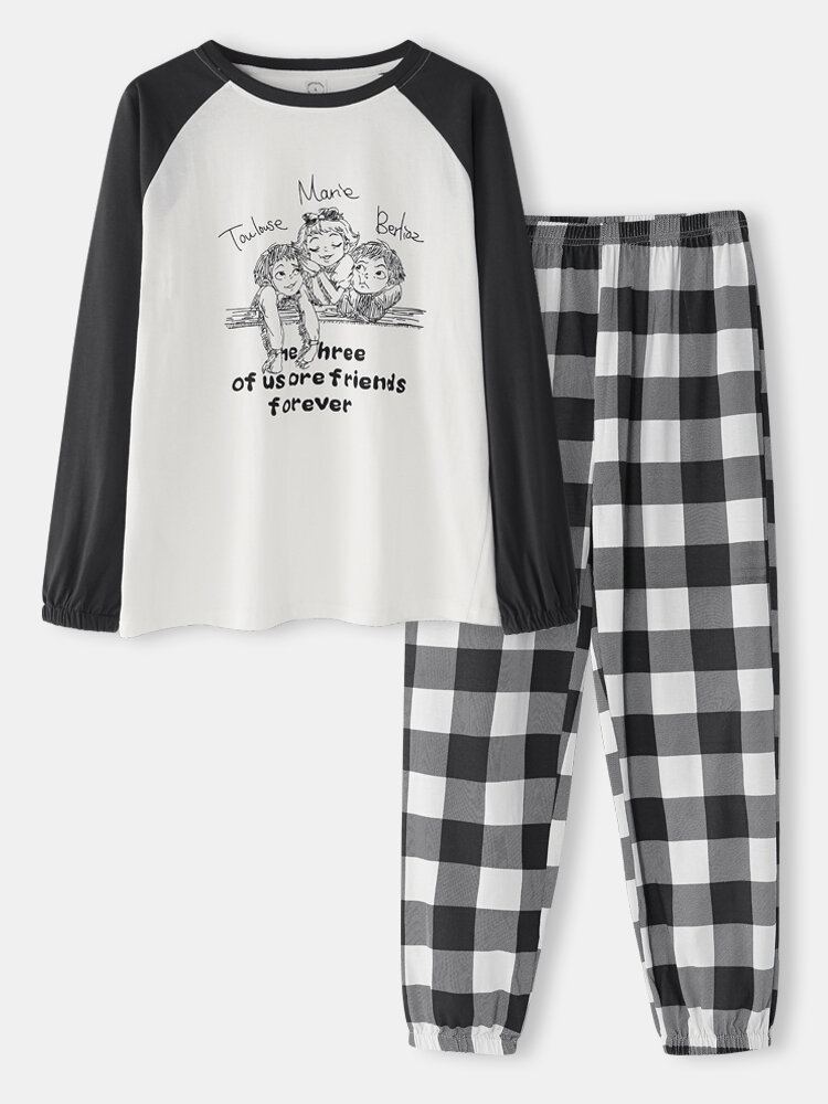 Vrouwen Raglanmouwen Cartoon Katoenen Plaid Joggingbroek Casual Thuis Pyjama Set