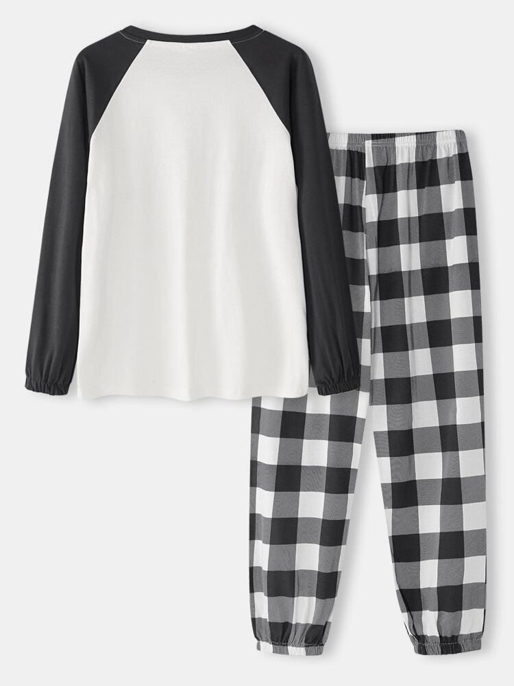 Vrouwen Raglanmouwen Cartoon Katoenen Plaid Joggingbroek Casual Thuis Pyjama Set