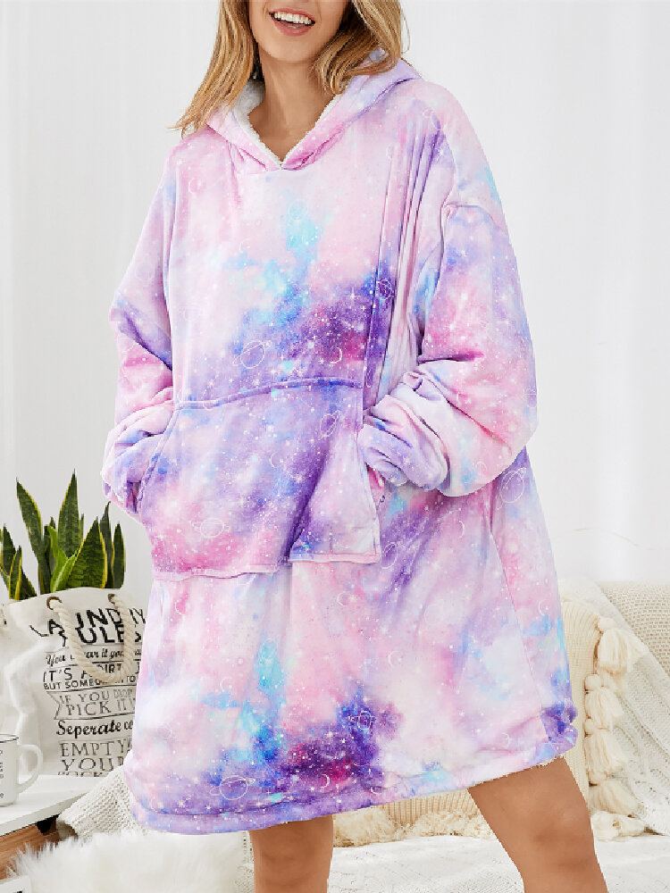 Vrouwen Sterrenhemel Print Oversized Dikke Omkeerbare Deken Hoodie Comfortabele Homewear Met Zak