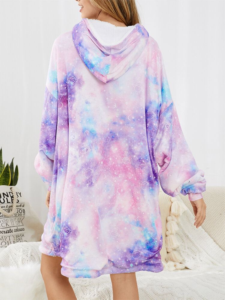 Vrouwen Sterrenhemel Print Oversized Dikke Omkeerbare Deken Hoodie Comfortabele Homewear Met Zak