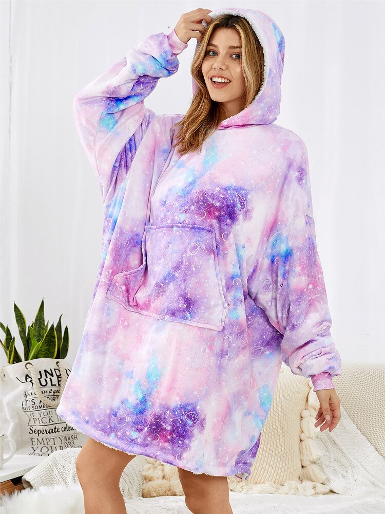 Vrouwen Sterrenhemel Print Oversized Dikke Omkeerbare Deken Hoodie Comfortabele Homewear Met Zak