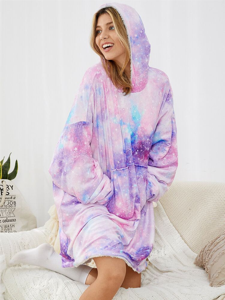 Vrouwen Sterrenhemel Print Oversized Dikke Omkeerbare Deken Hoodie Comfortabele Homewear Met Zak