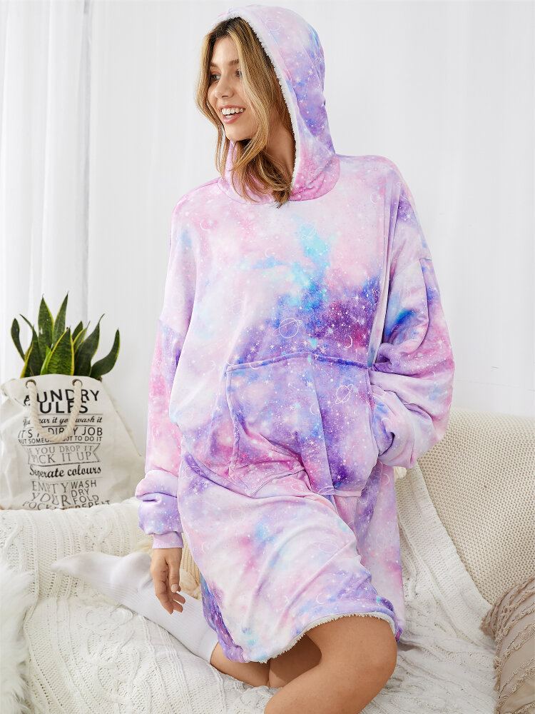 Vrouwen Sterrenhemel Print Oversized Dikke Omkeerbare Deken Hoodie Comfortabele Homewear Met Zak