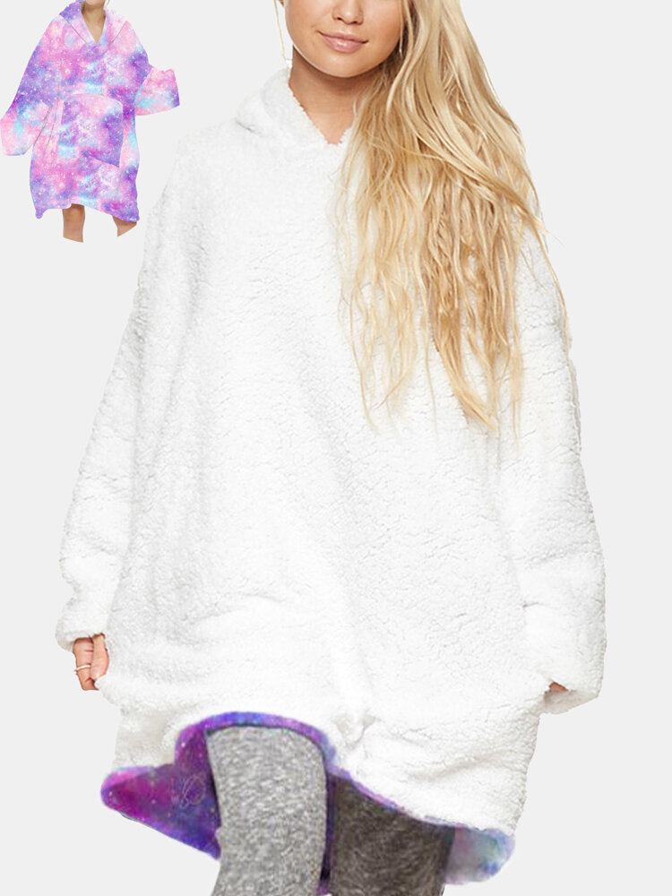 Vrouwen Sterrenhemel Print Oversized Dikke Omkeerbare Deken Hoodie Comfortabele Homewear Met Zak