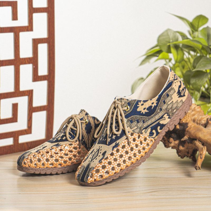 Heren Hollow Out Geweven Ademend Antislip Chinese Stijl Patroon Casual Canvas Schoenen