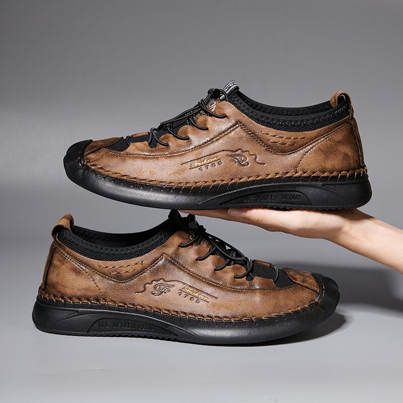 Heren Microfiber Ademend Handstiksel Zachte Zool Elastische Veters Casual Leren Schoenen