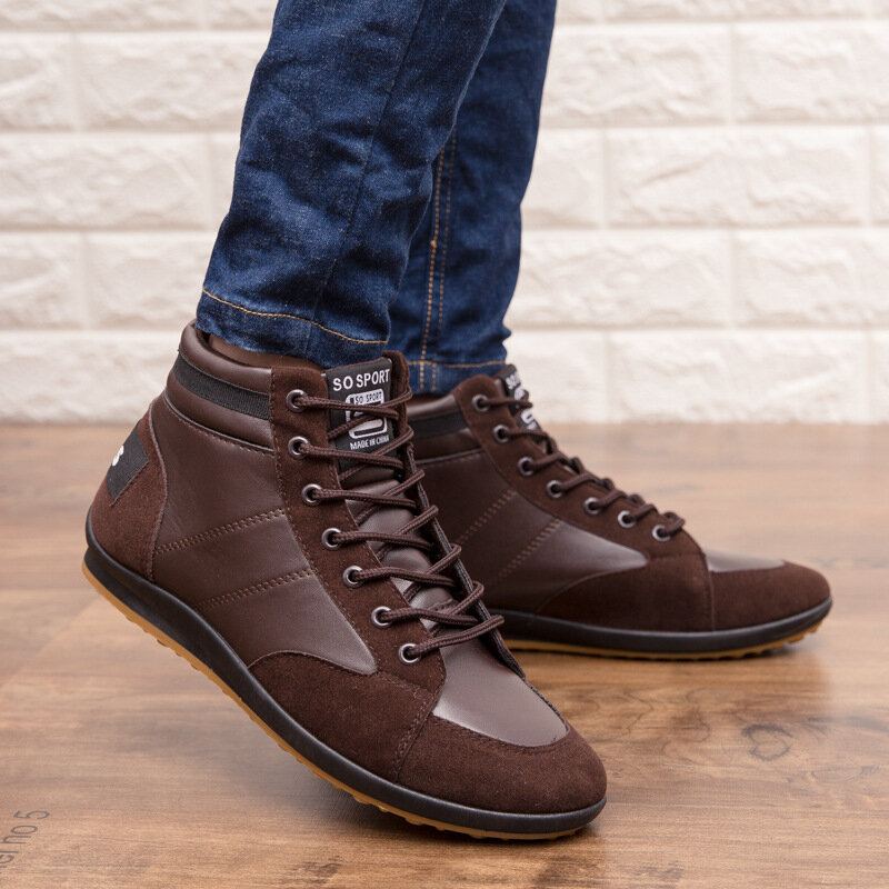 Heren Microfiber Leer Zachte Zool Antislip Retro Stijl Veterschoenen Casual Halfhoge Schoenen