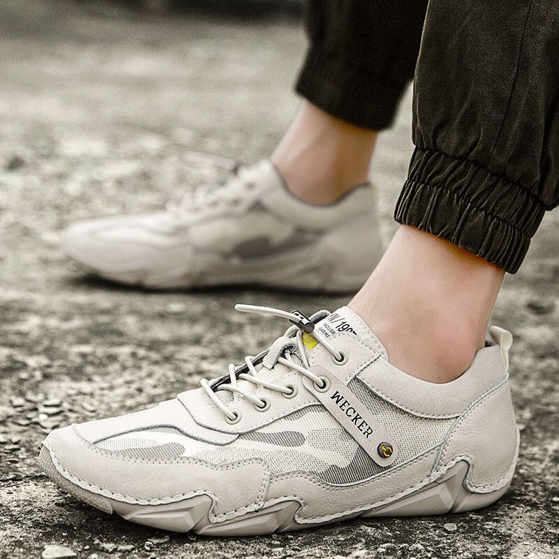 Herenleer Comfortabele Antislip Outdoor Lace-up Handgenaaide Vrijetijdsschoenen