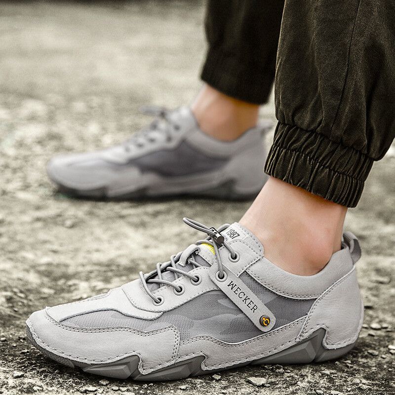 Herenleer Comfortabele Antislip Outdoor Lace-up Handgenaaide Vrijetijdsschoenen