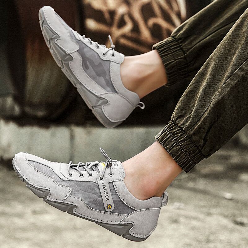 Herenleer Comfortabele Antislip Outdoor Lace-up Handgenaaide Vrijetijdsschoenen