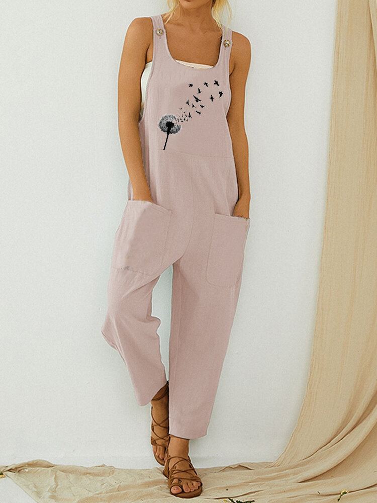Cartoon Bloemen Vintage Print Bandjes Patchwork Jumpsuit Met Zak