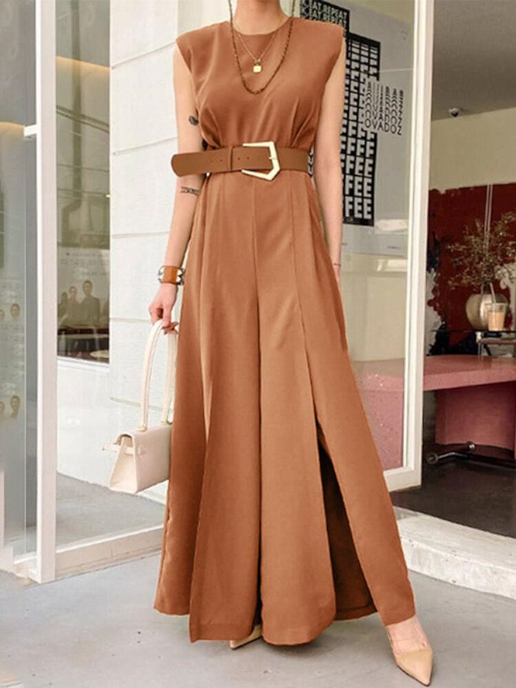 Effen Kleur O-hals Mouwloos Vetersluiting Hoge Taille Rits Split Zoom Geplooide Casual Jumpsuit