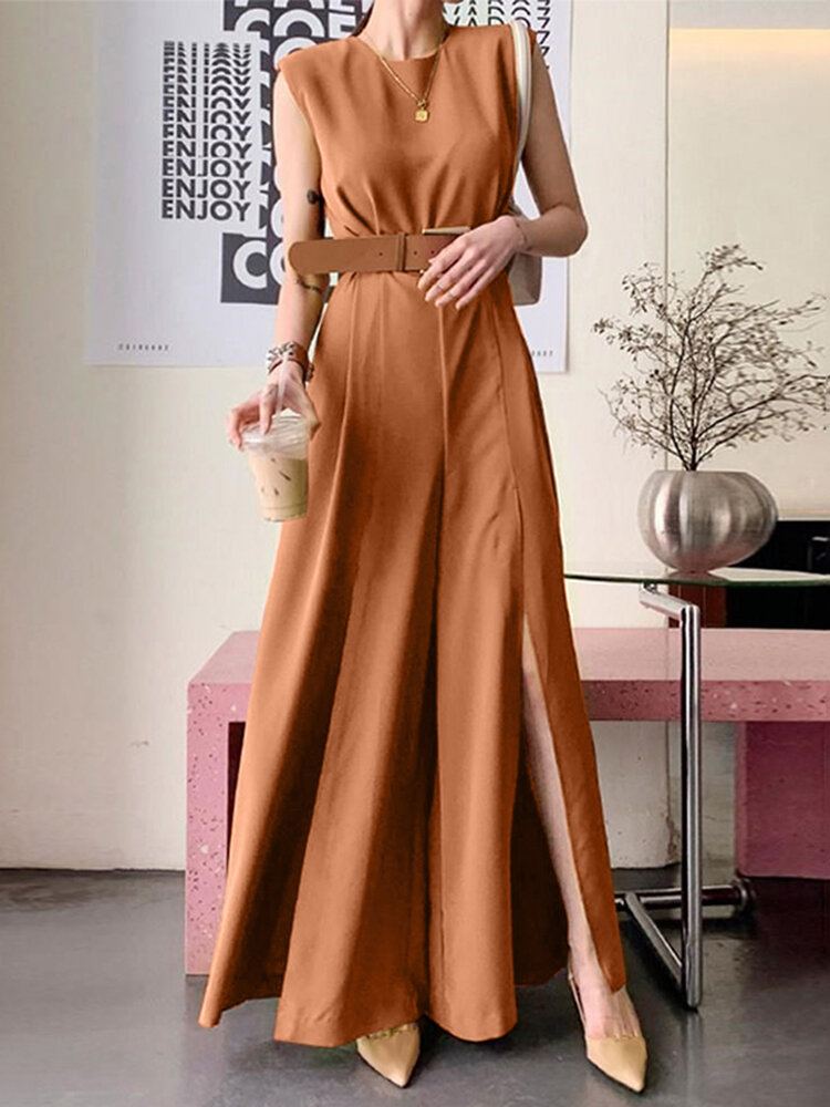 Effen Kleur O-hals Mouwloos Vetersluiting Hoge Taille Rits Split Zoom Geplooide Casual Jumpsuit