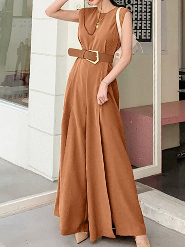 Effen Kleur O-hals Mouwloos Vetersluiting Hoge Taille Rits Split Zoom Geplooide Casual Jumpsuit