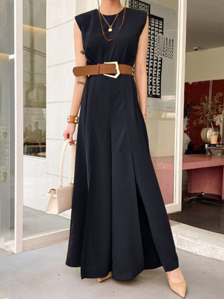 Effen Kleur O-hals Mouwloos Vetersluiting Hoge Taille Rits Split Zoom Geplooide Casual Jumpsuit