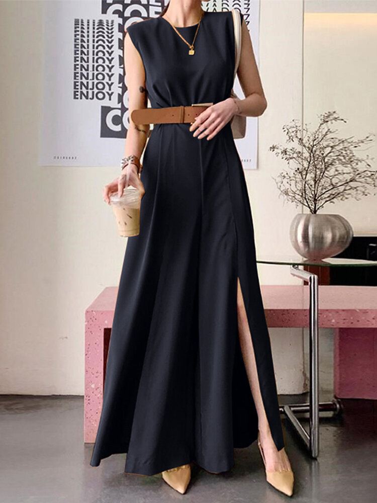 Effen Kleur O-hals Mouwloos Vetersluiting Hoge Taille Rits Split Zoom Geplooide Casual Jumpsuit