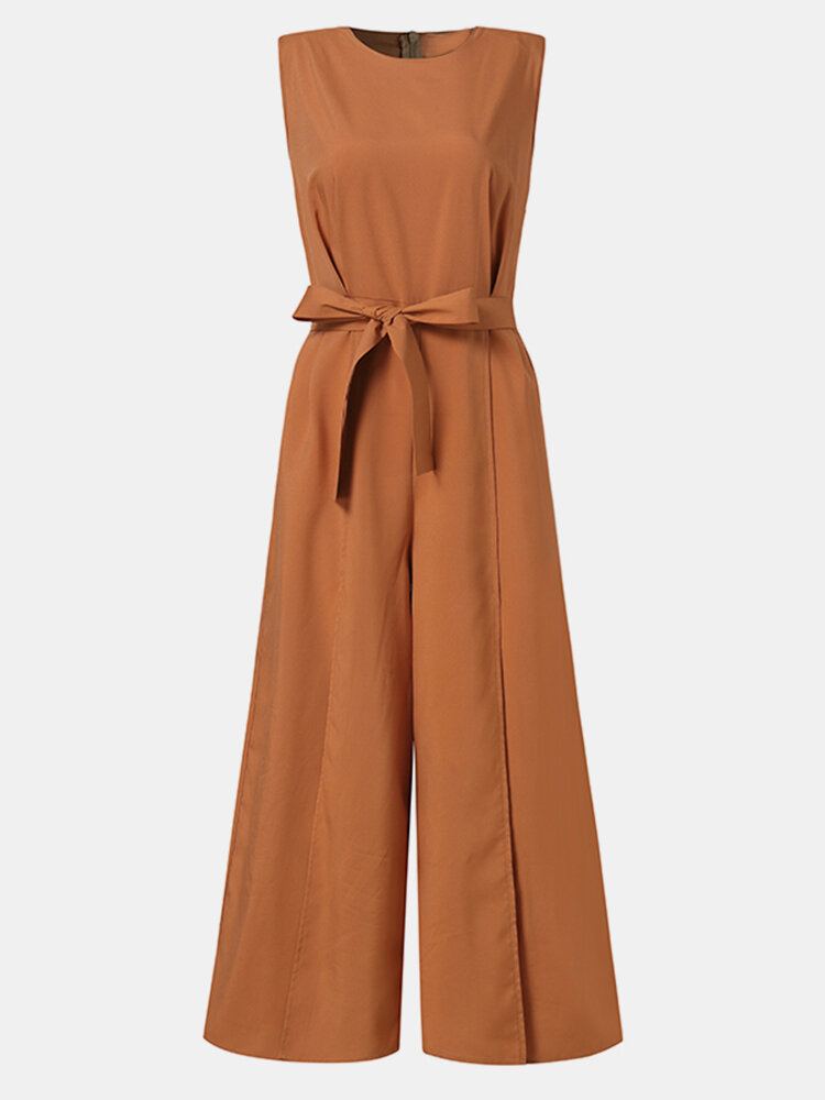 Effen Kleur O-hals Mouwloos Vetersluiting Hoge Taille Rits Split Zoom Geplooide Casual Jumpsuit