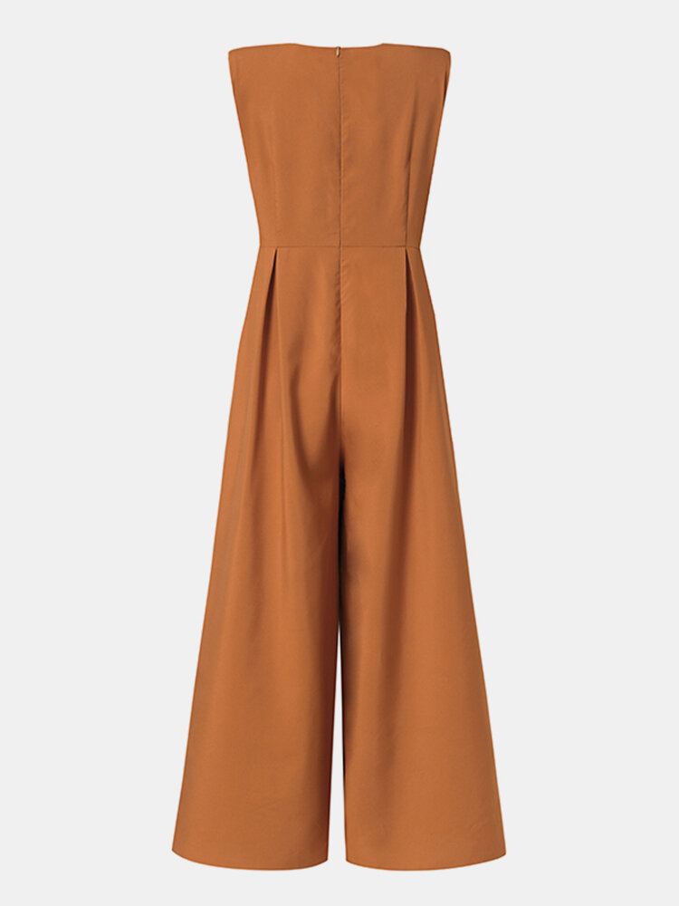 Effen Kleur O-hals Mouwloos Vetersluiting Hoge Taille Rits Split Zoom Geplooide Casual Jumpsuit