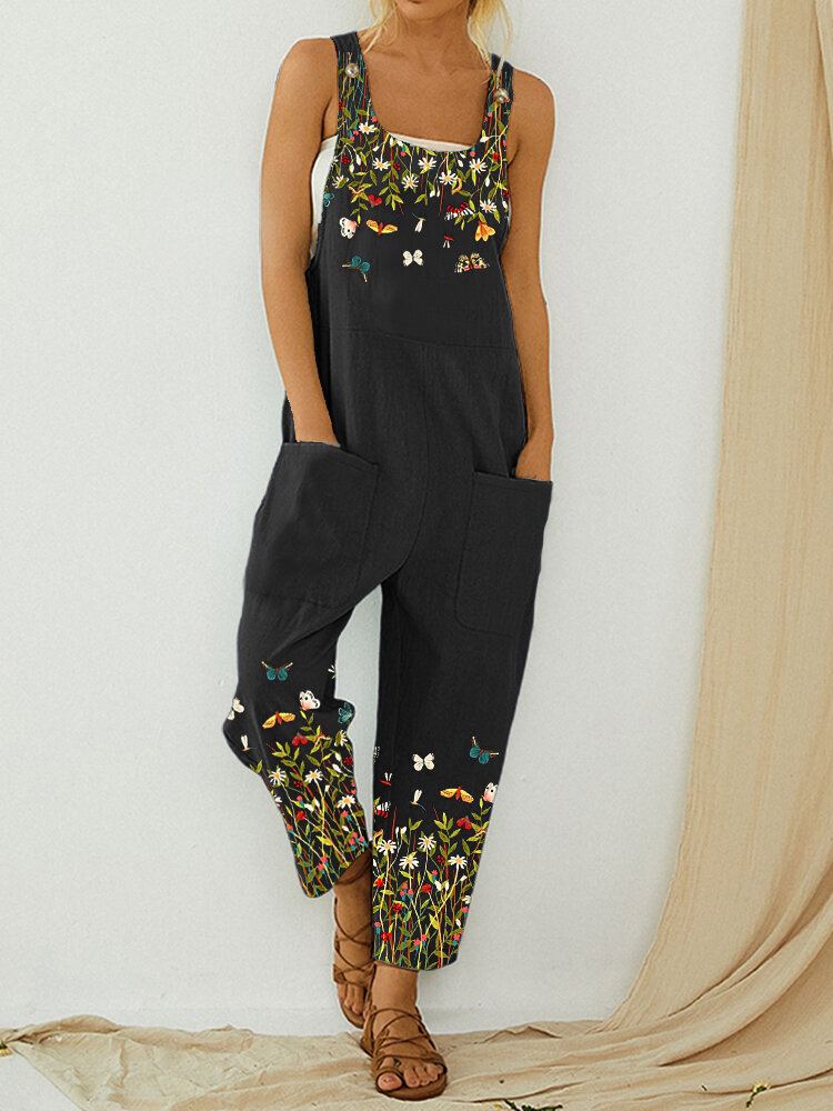 Vlinder Bloemenprint Riem Knop Zak Casual Jumpsuit Overalls Voor Dames