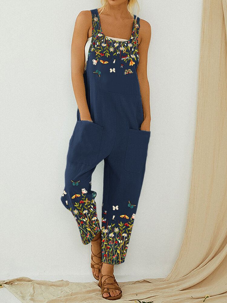 Vlinder Bloemenprint Riem Knop Zak Casual Jumpsuit Overalls Voor Dames