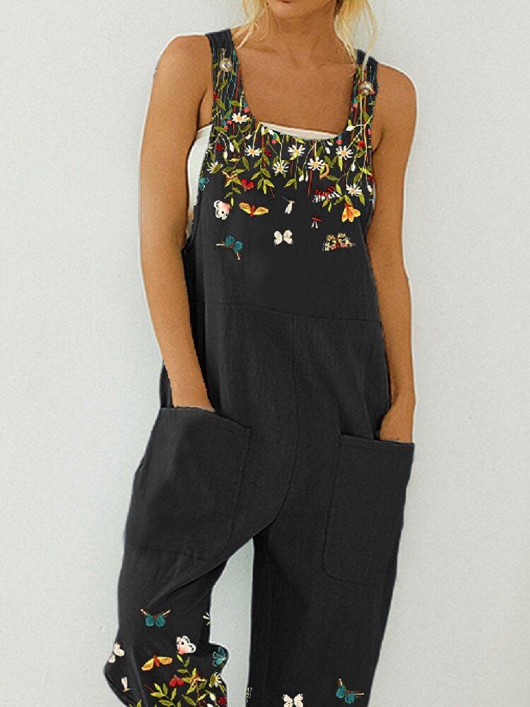 Vlinder Bloemenprint Riem Knop Zak Casual Jumpsuit Overalls Voor Dames