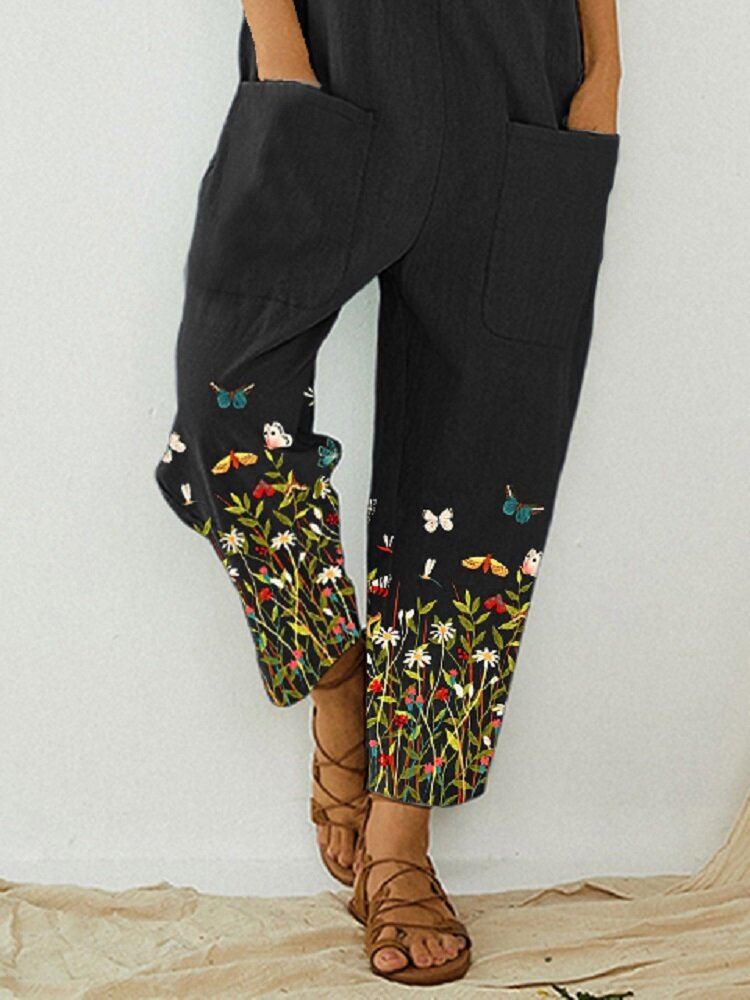 Vlinder Bloemenprint Riem Knop Zak Casual Jumpsuit Overalls Voor Dames
