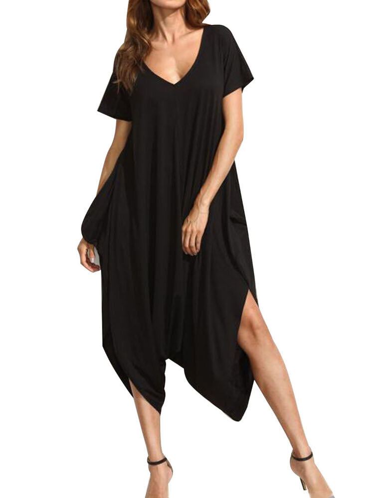 Werkkleding Effen Jumpsuit Met V-hals En Korte Mouwen Voor Dames
