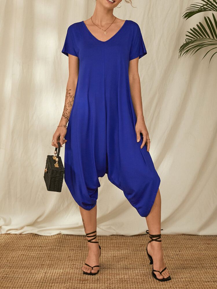 Werkkleding Effen Jumpsuit Met V-hals En Korte Mouwen Voor Dames