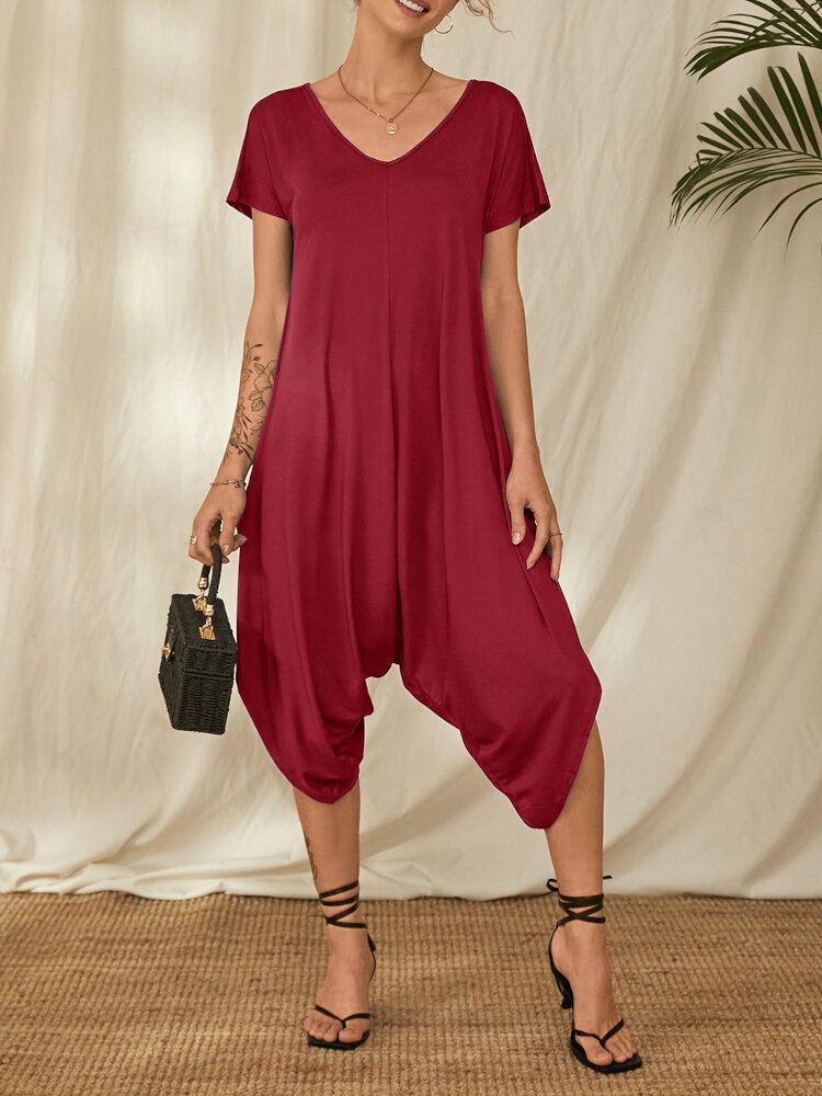 Werkkleding Effen Jumpsuit Met V-hals En Korte Mouwen Voor Dames