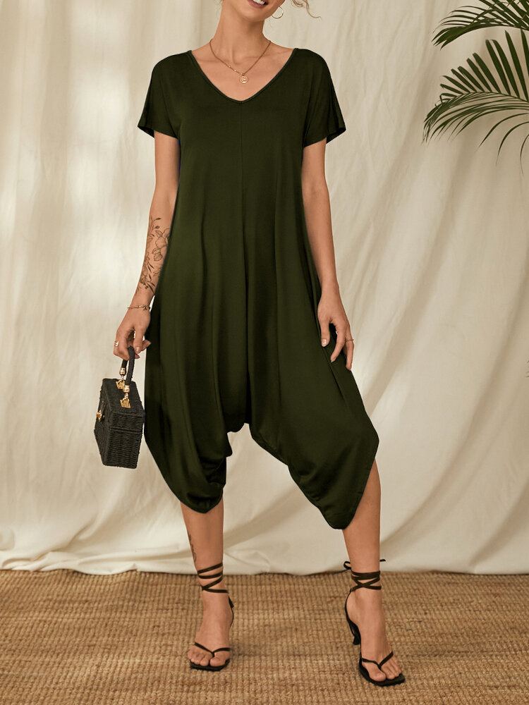 Werkkleding Effen Jumpsuit Met V-hals En Korte Mouwen Voor Dames