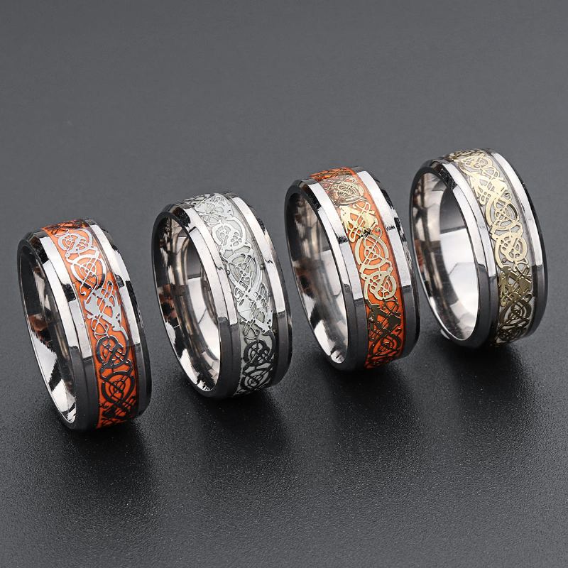 Lichtgevende Gouden Zilveren Draakpatroon Herenring 8mm Breed Titanium Staal Trendy Vingerring