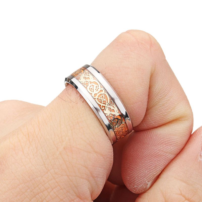 Lichtgevende Gouden Zilveren Draakpatroon Herenring 8mm Breed Titanium Staal Trendy Vingerring