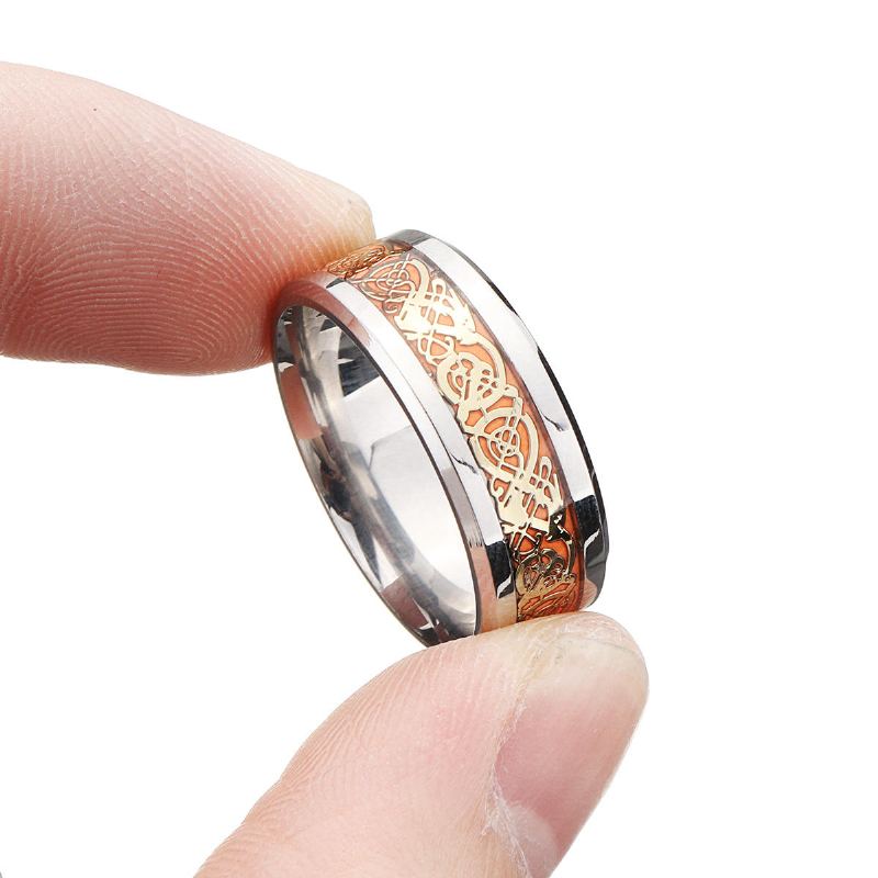 Lichtgevende Gouden Zilveren Draakpatroon Herenring 8mm Breed Titanium Staal Trendy Vingerring