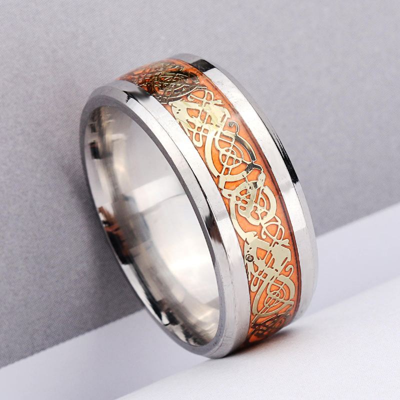 Lichtgevende Gouden Zilveren Draakpatroon Herenring 8mm Breed Titanium Staal Trendy Vingerring