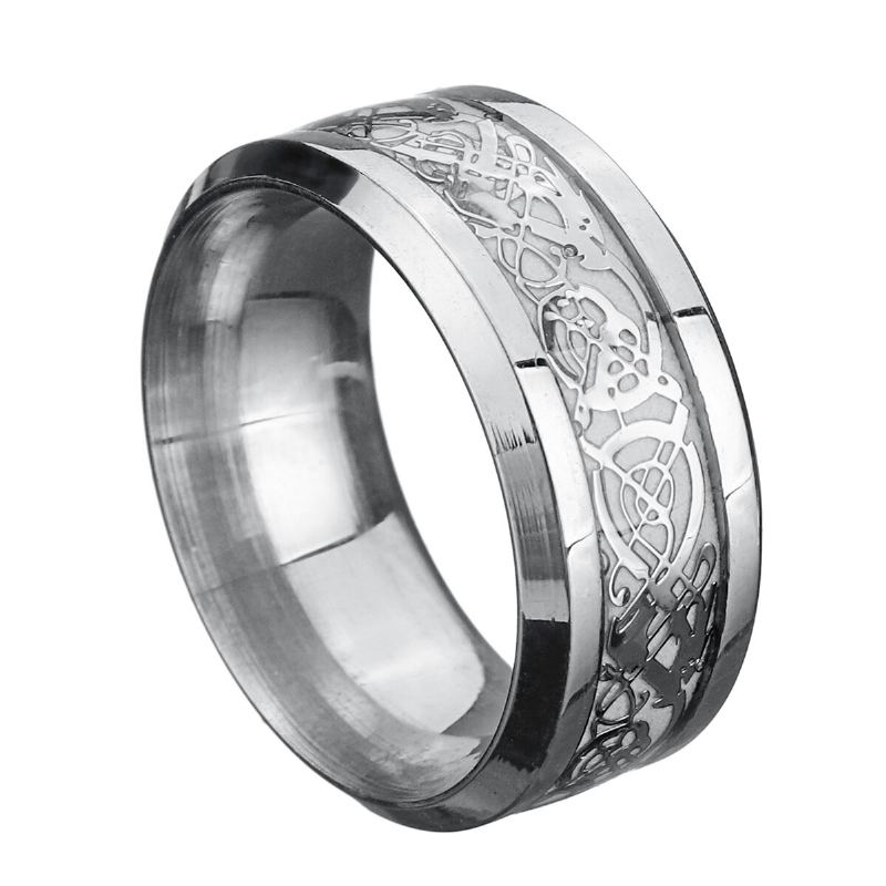 Lichtgevende Gouden Zilveren Draakpatroon Herenring 8mm Breed Titanium Staal Trendy Vingerring