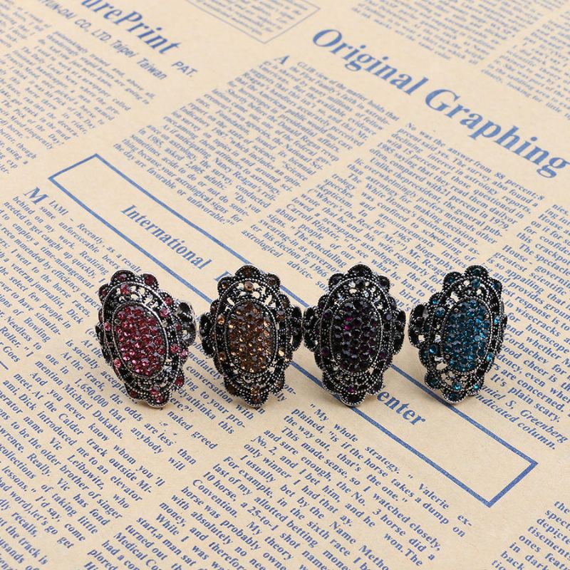 Vintage Kleurrijke Kristallen Vinger Ring Hollow Legering Ovale Geometrische Ringen Etnische Sieraden Voor Vrouwen