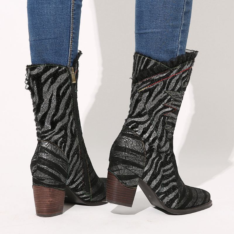 Dames Lace Design Metaalkleur Zebrapatroon Spitse Teen Rits Blokhak Westernlaarzen