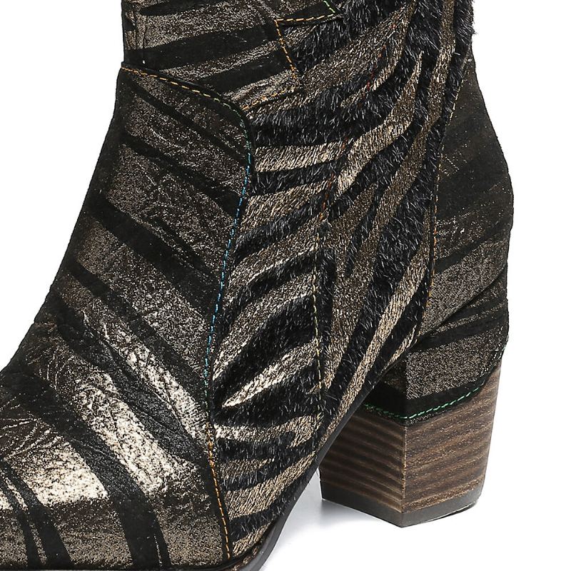 Dames Lace Design Metaalkleur Zebrapatroon Spitse Teen Rits Blokhak Westernlaarzen